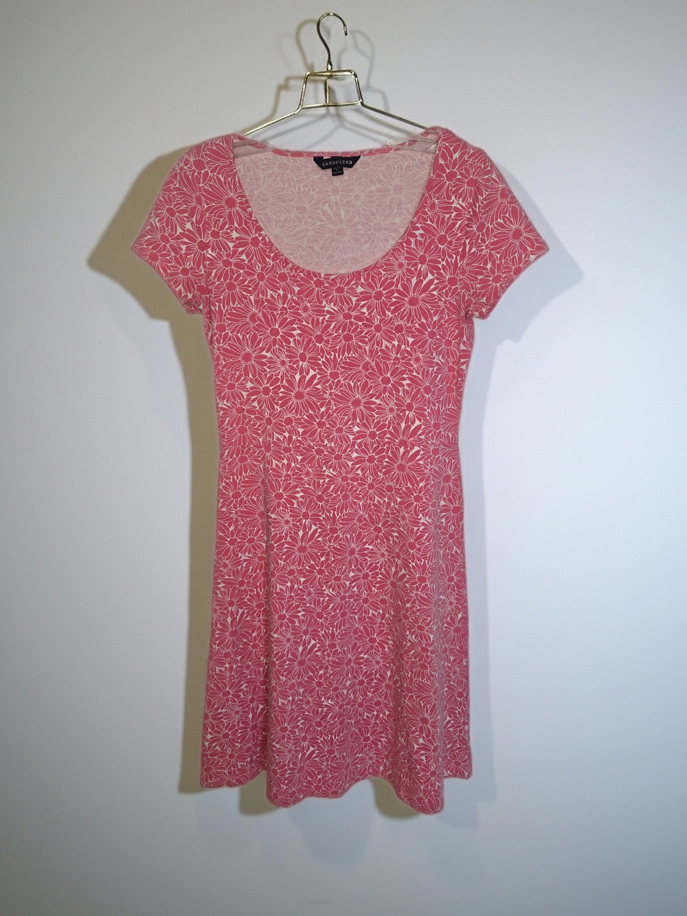 Lands End Coral-Pink Floral Daisey  Scoop-Neck A Line Mini Dress Size Small 6